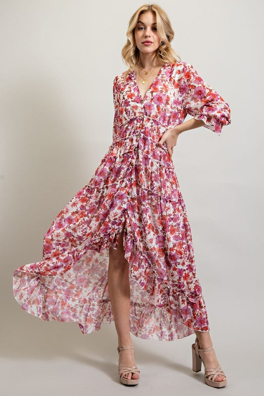 Multi-Pink BOHEMIAN FLORAL HIGH AND LOW MAXI DRESS