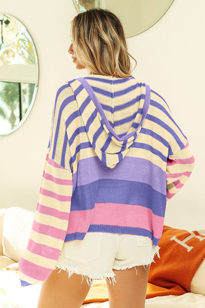 Light Pink Striped Color Block  Hooded Knit Top