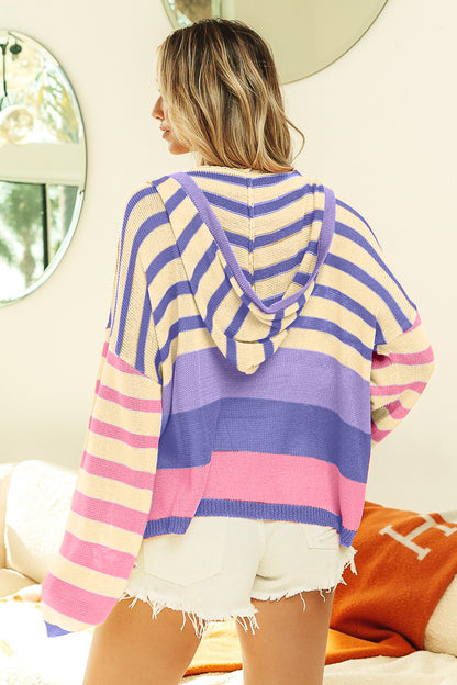 Light Pink Striped Color Block  Hooded Knit Top