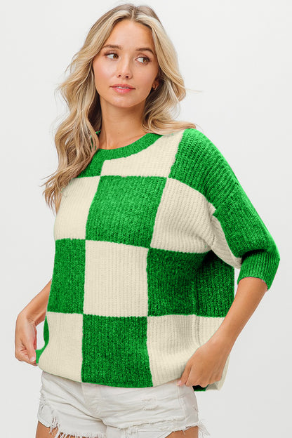 Jade Checkered Contrast Round Neck Sweater