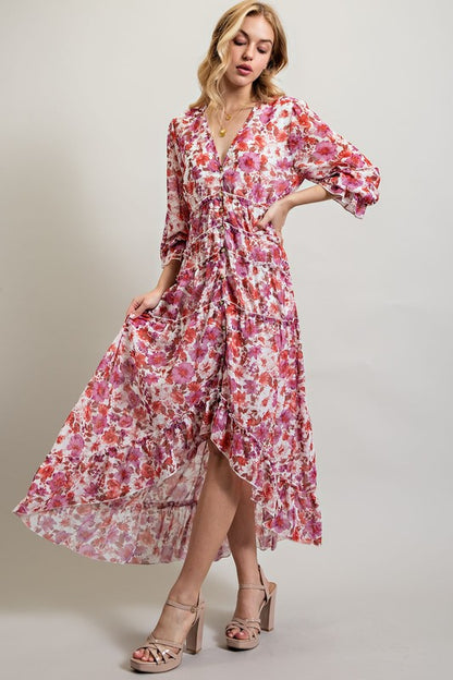 Multi-Pink BOHEMIAN FLORAL HIGH AND LOW MAXI DRESS