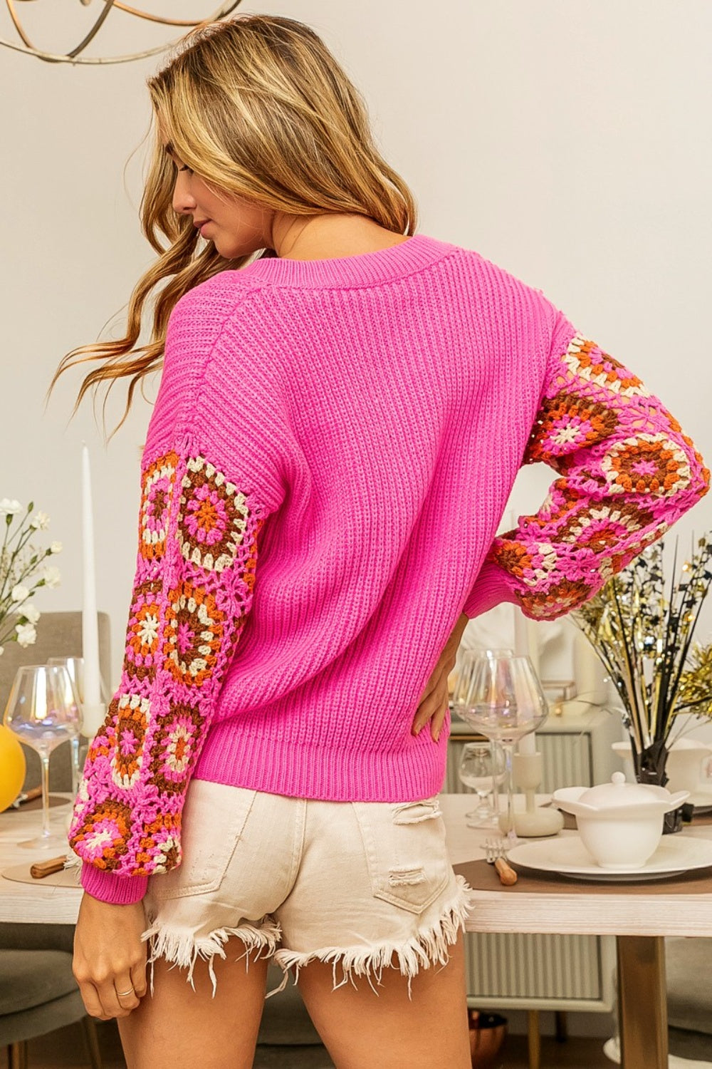 Fuchsia V-Neck Crochet Long Sleeve Sweater