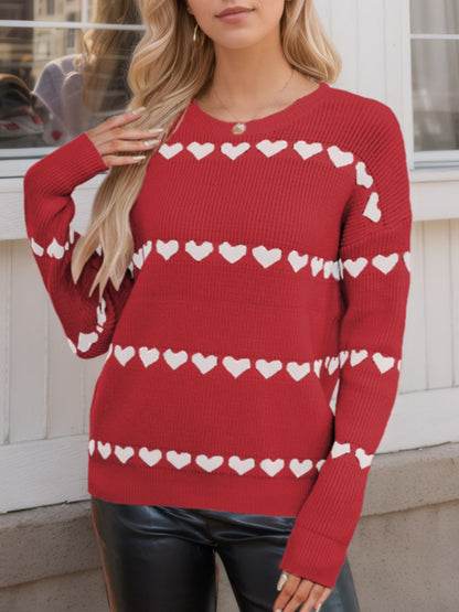 Heart Round Neck Long Sleeve Sweater