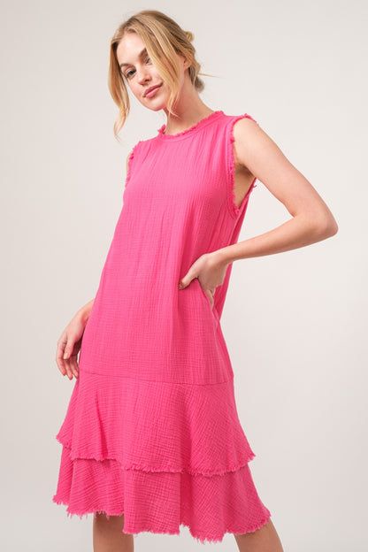 Fuchsia Washed Fringe Detail Tiered Dress