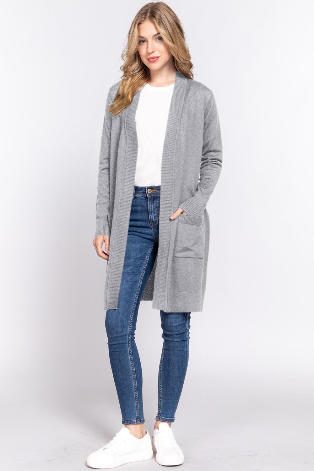 Gray ACTIVE BASIC Open Front Rib Trim Long Sleeve Knit Cardigan