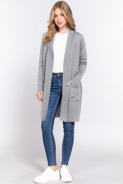 Gray ACTIVE BASIC Open Front Rib Trim Long Sleeve Knit Cardigan