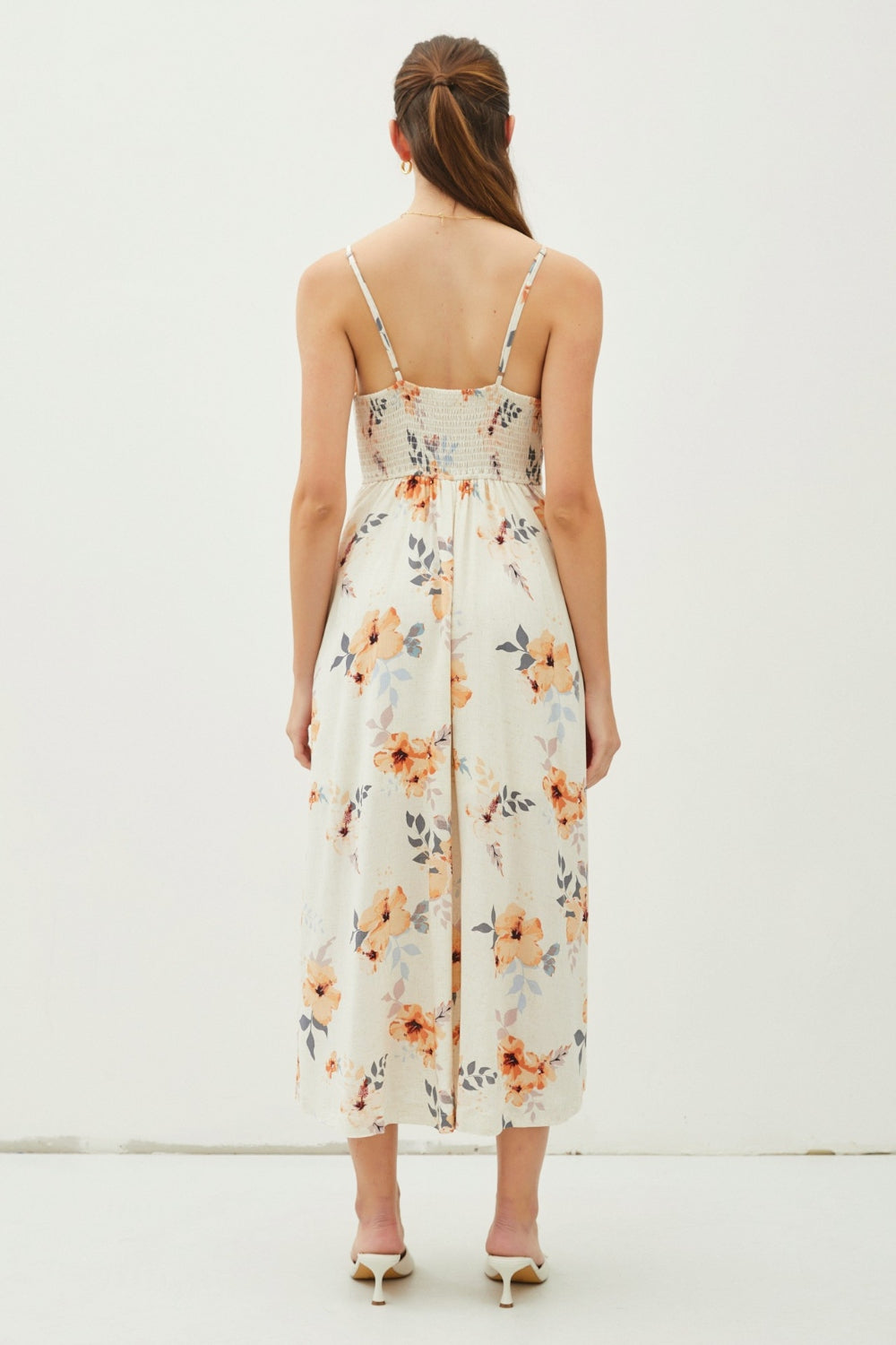 Peach Floral Button Down Cami Midi Dress