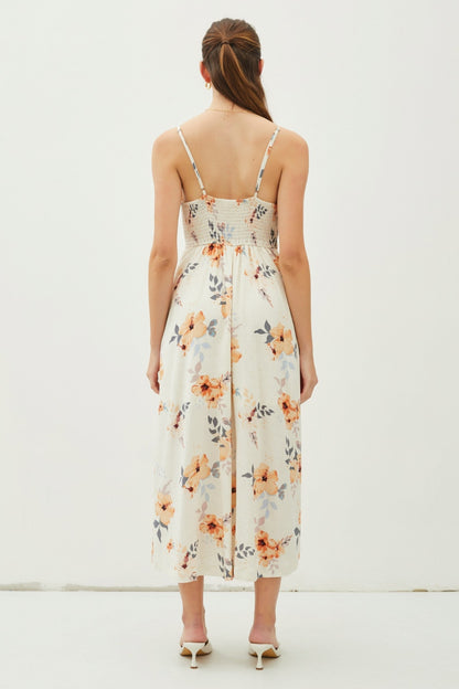 Peach Floral Button Down Cami Midi Dress