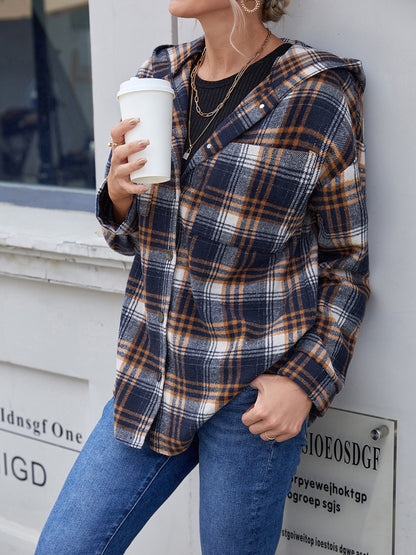 Plaid Button Up Long Sleeve Hooded Jacket