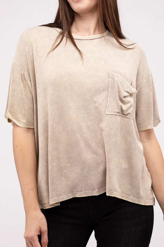 Washed Ribbed Cuffed Short Sleeve Round Neck Top