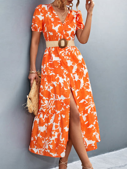 V-Neck Short Sleeve High Slit Midi Dress