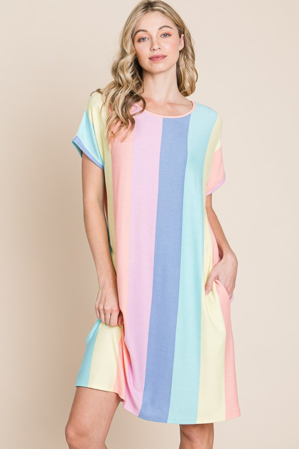 Multi-Blue & Pink Striped Short Sleeve Dress with Pockets