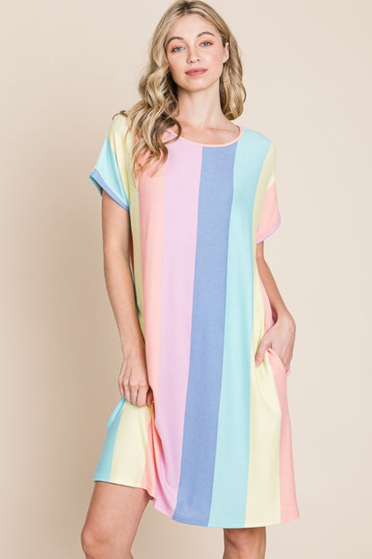 Multi-Blue & Pink Striped Short Sleeve Dress with Pockets