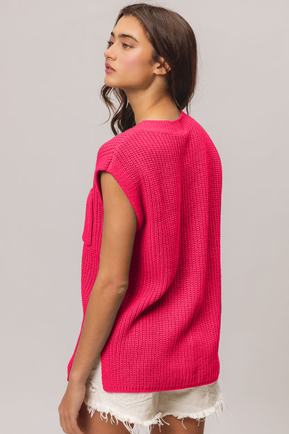 Fuchsia Patch Pocket Cap Sleeve Sweater Top