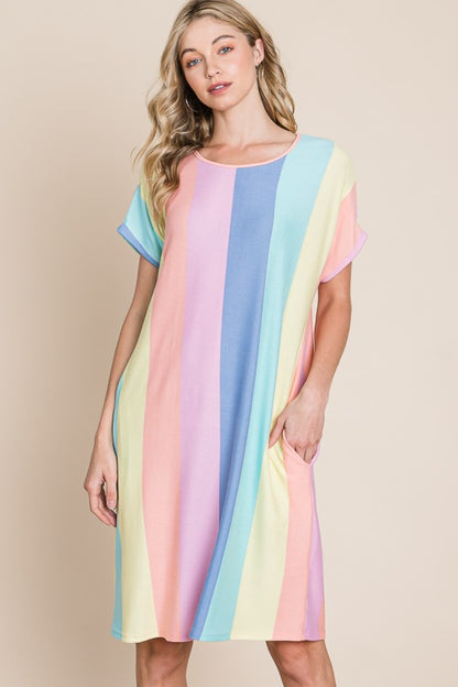 Multi-Blue & Pink Striped Short Sleeve Dress with Pockets