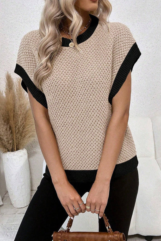 Khaki Round Neck Cap Sleeve Knit Top