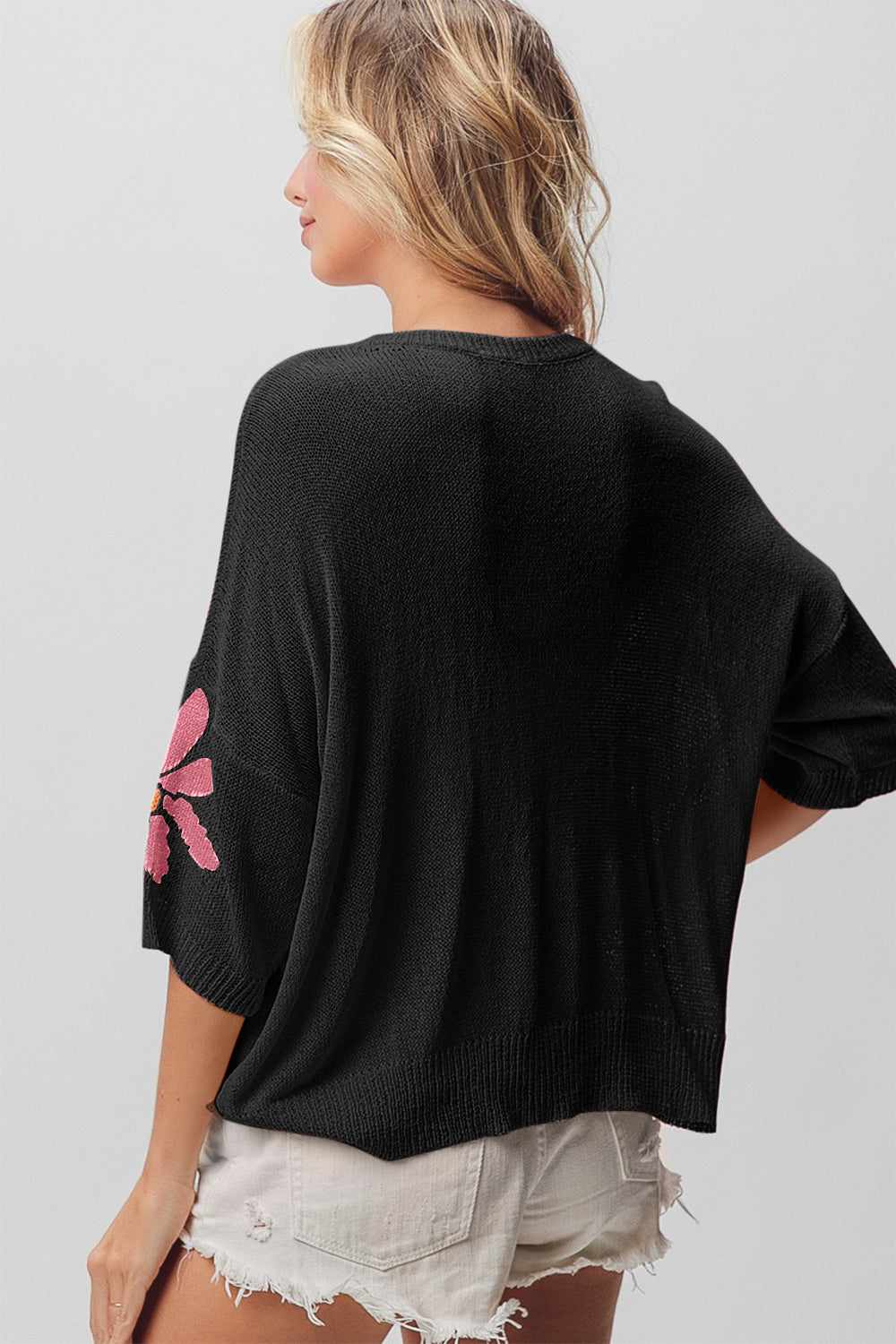 Black & Fuchsia & Pink Floral Pattern Cropped Sweater