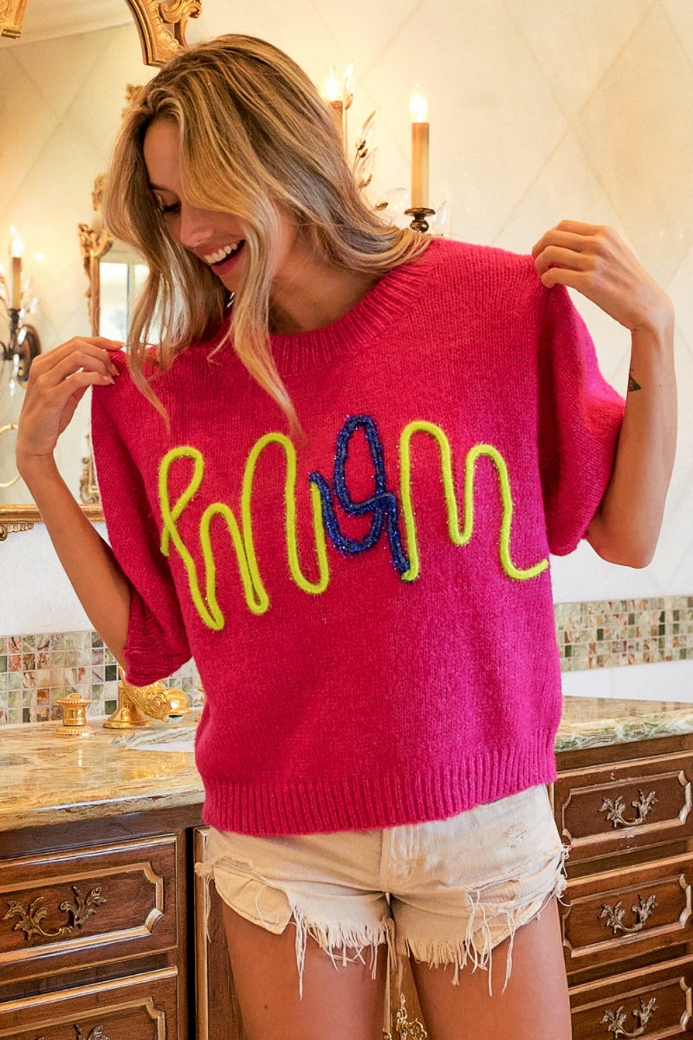 Fuchsia MOM Contrast Round Neck Sweater
