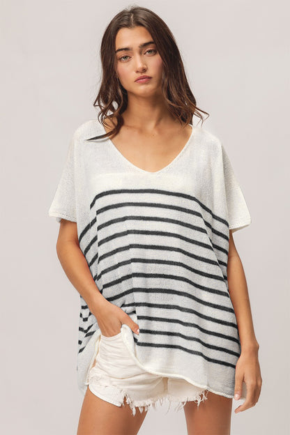 Black V Neck Striped Short Sleeve Top