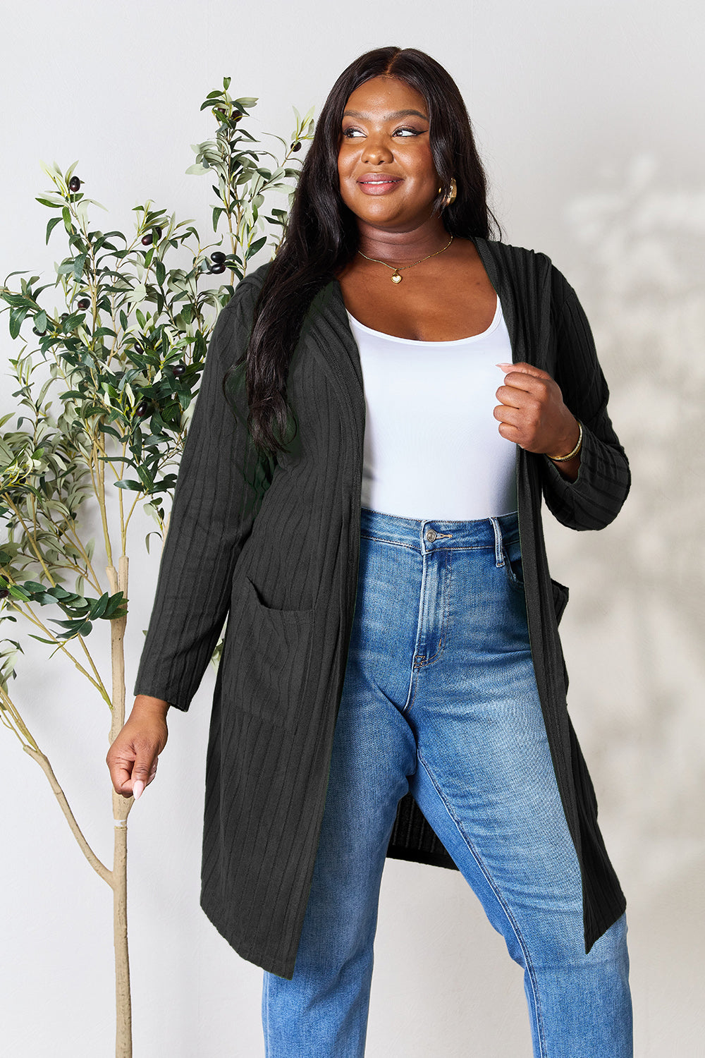 Black Bae Full Size Hooded Sweater Cardigan