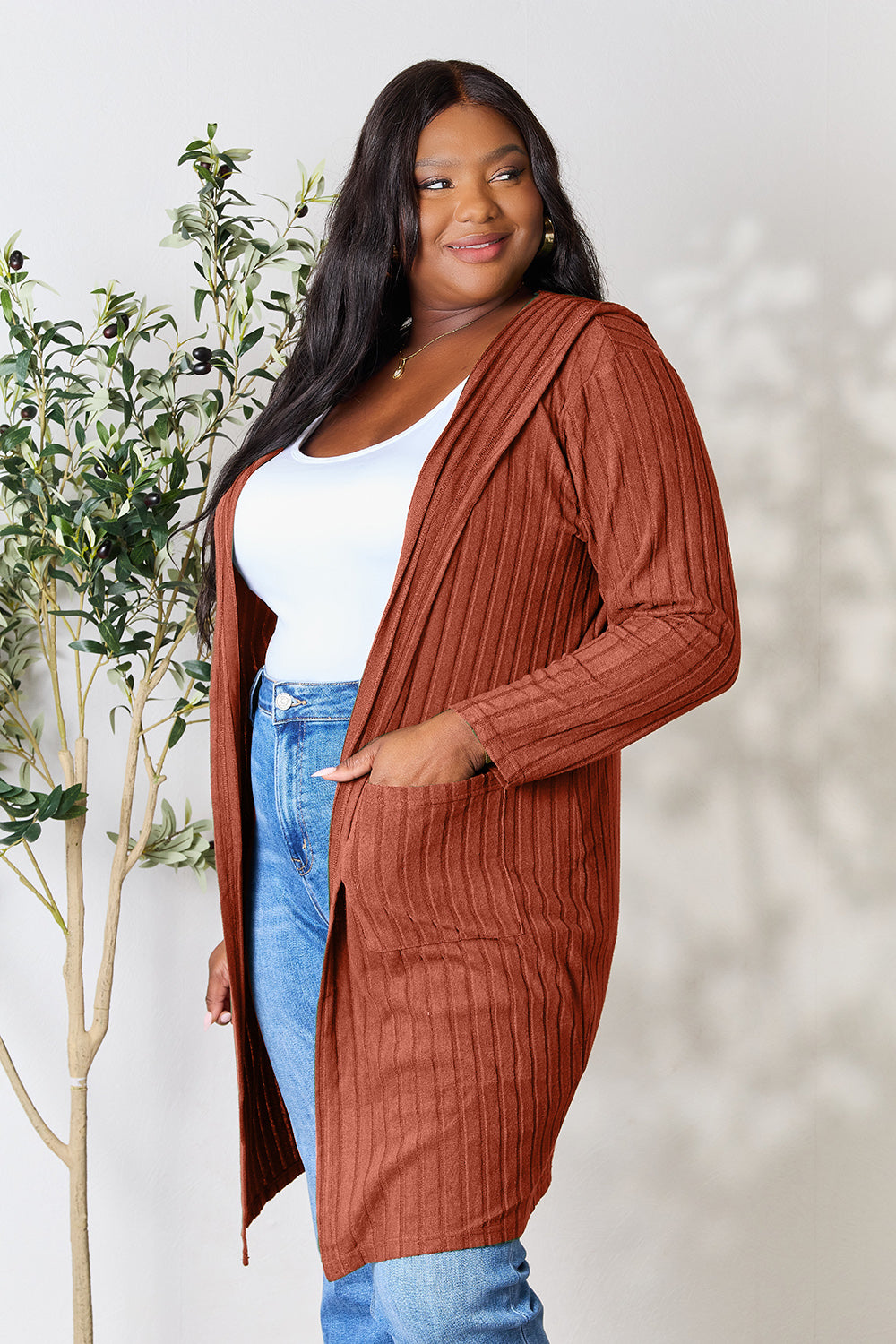 Black Bae Full Size Hooded Sweater Cardigan