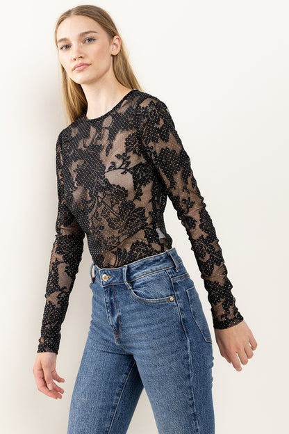 Black Ces Femme Floral Lace Mesh Bodysuit