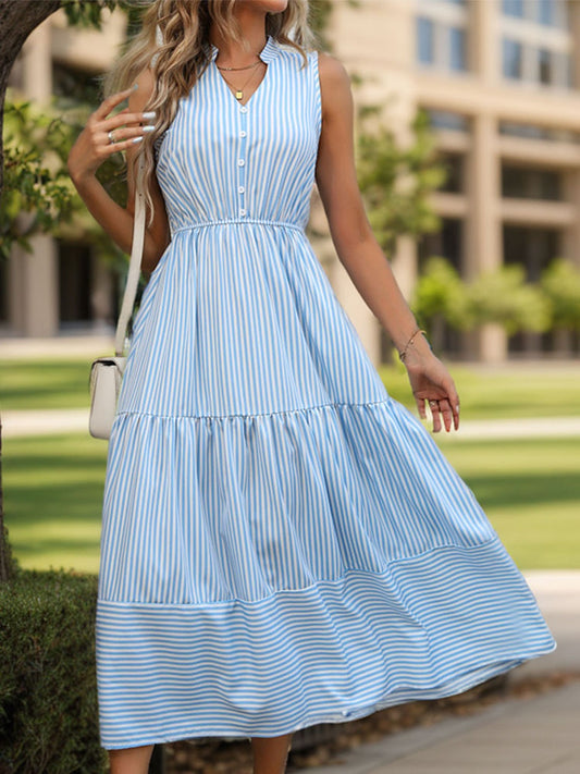 Striped Notched Sleeveless Midi Dress