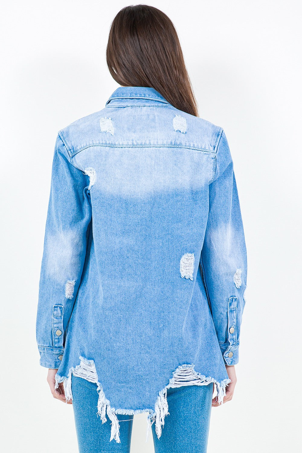 Blue American Bazi Frayed Hem Distressed Denim Shirt Jacket