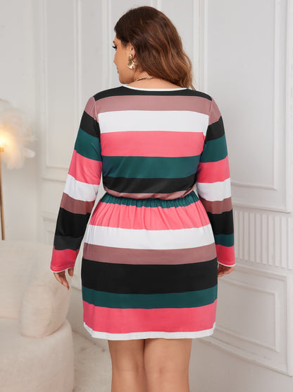 Plus Size Striped V-Neck Long Sleeve Mini Dress