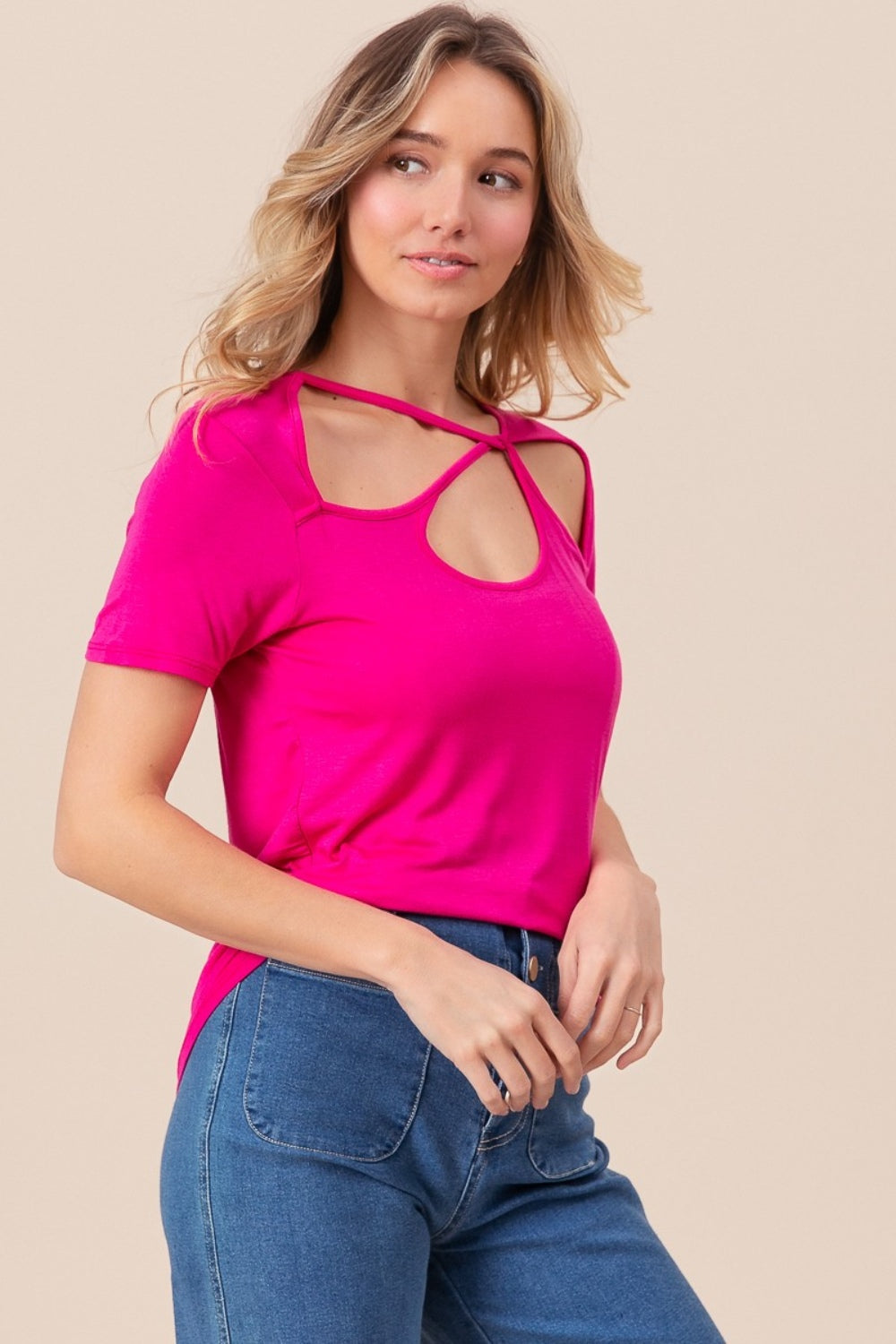 Fuchsia Cutout Asymmetrical Neck Short Sleeve T-Shirt