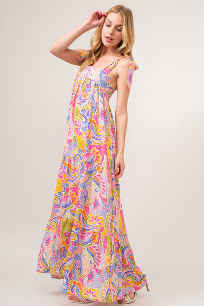 Light Pink Full Size Printed Tie Shoulder Tiered Maxi Dress