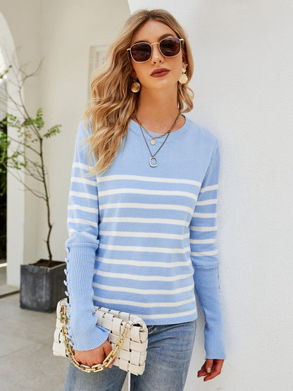 Striped Decorative Button Knit Top