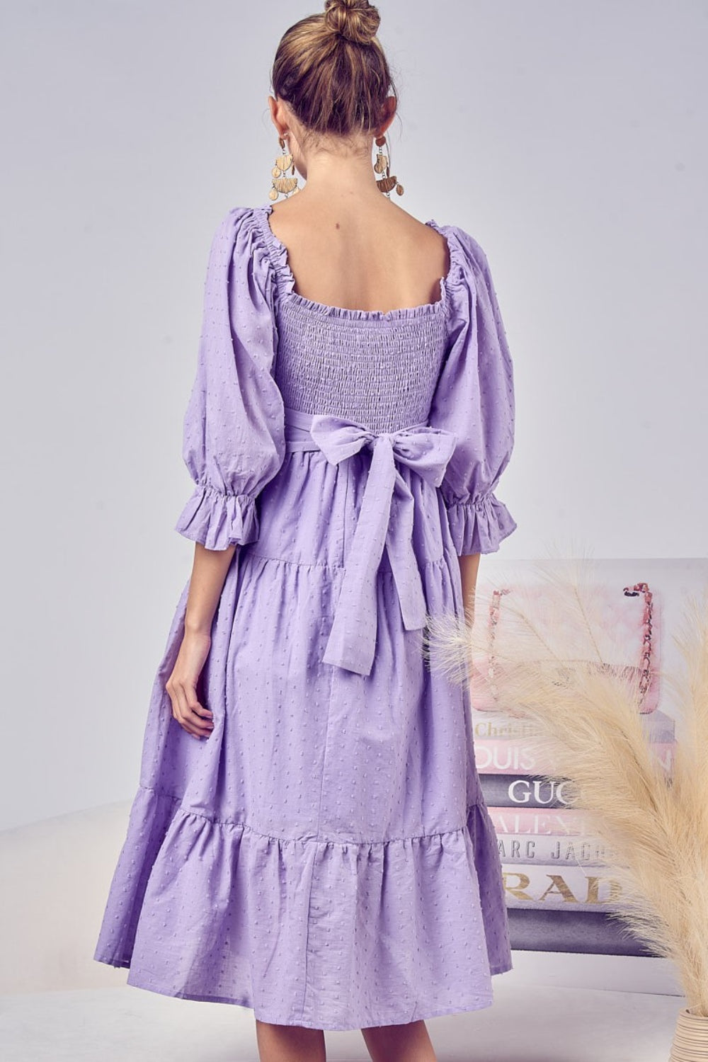 Lavender Swiss Dot Flounce Sleeve Smocked Tiered Midi Dress