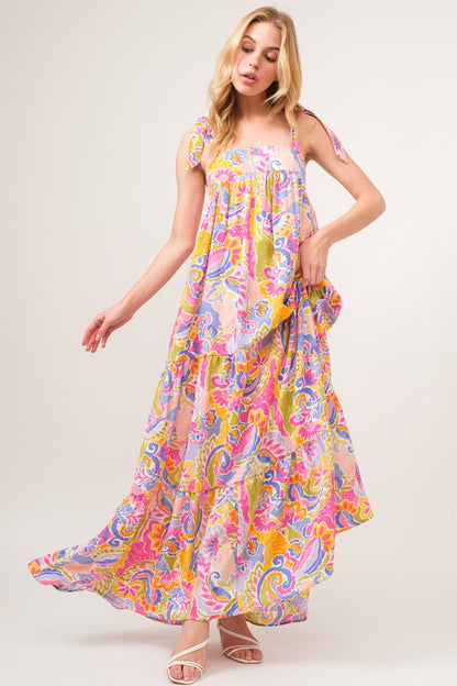 Light Pink Full Size Printed Tie Shoulder Tiered Maxi Dress