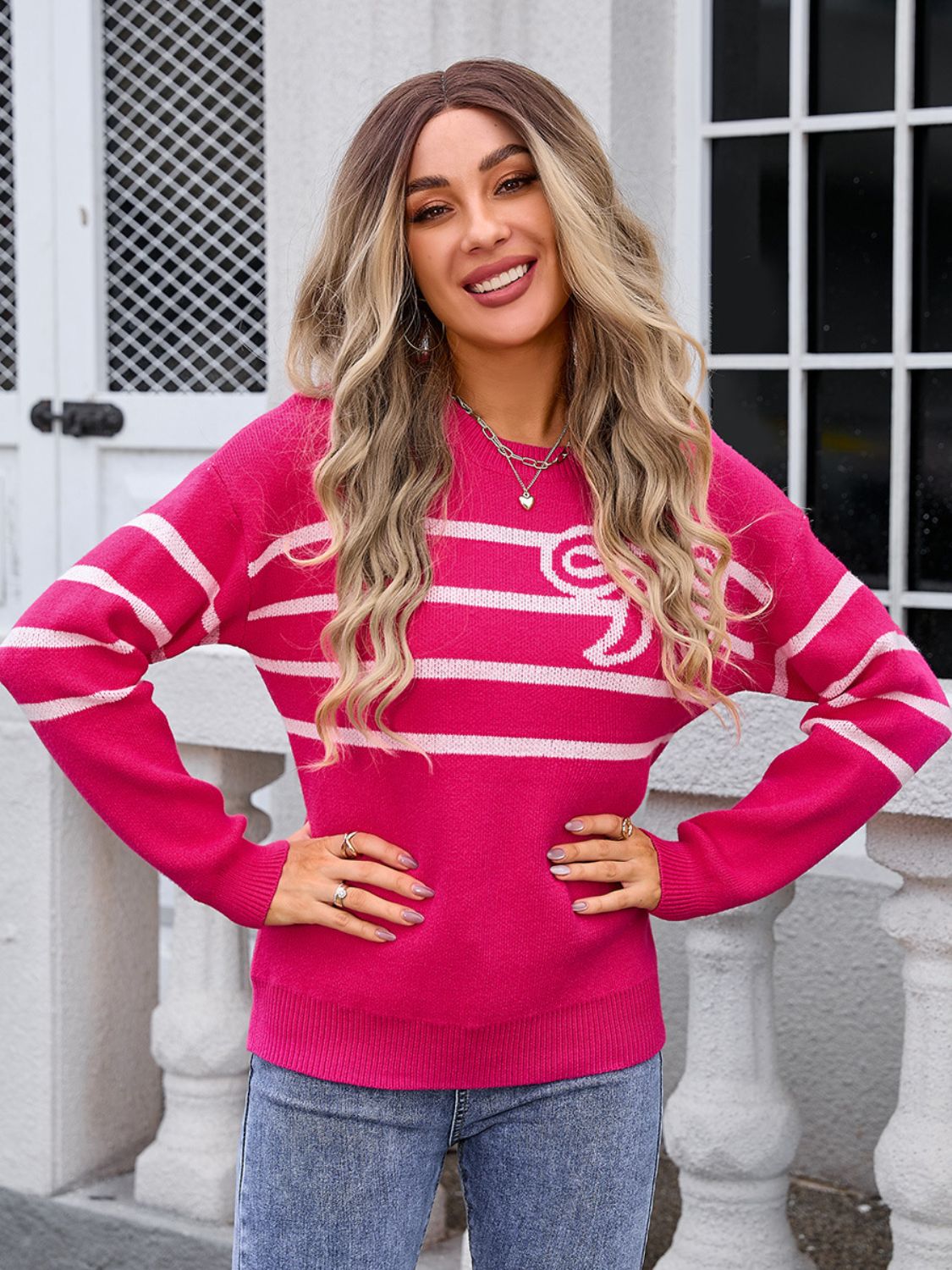 Angel Wings Striped Round Neck Long Sleeve Sweater