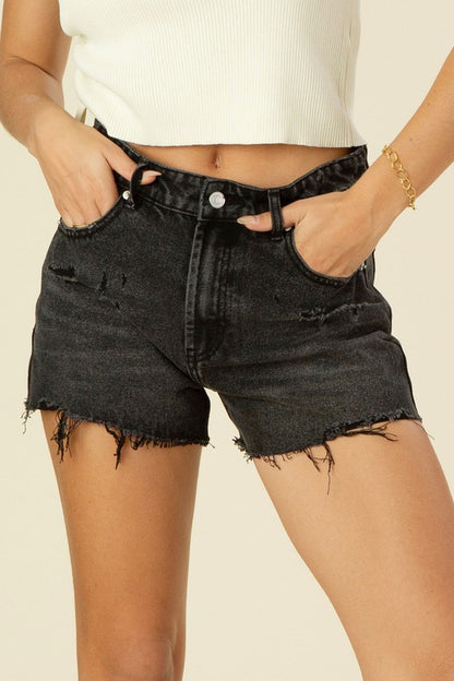 Distressed denim shorts