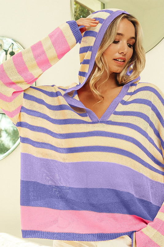 Light Pink Striped Color Block  Hooded Knit Top