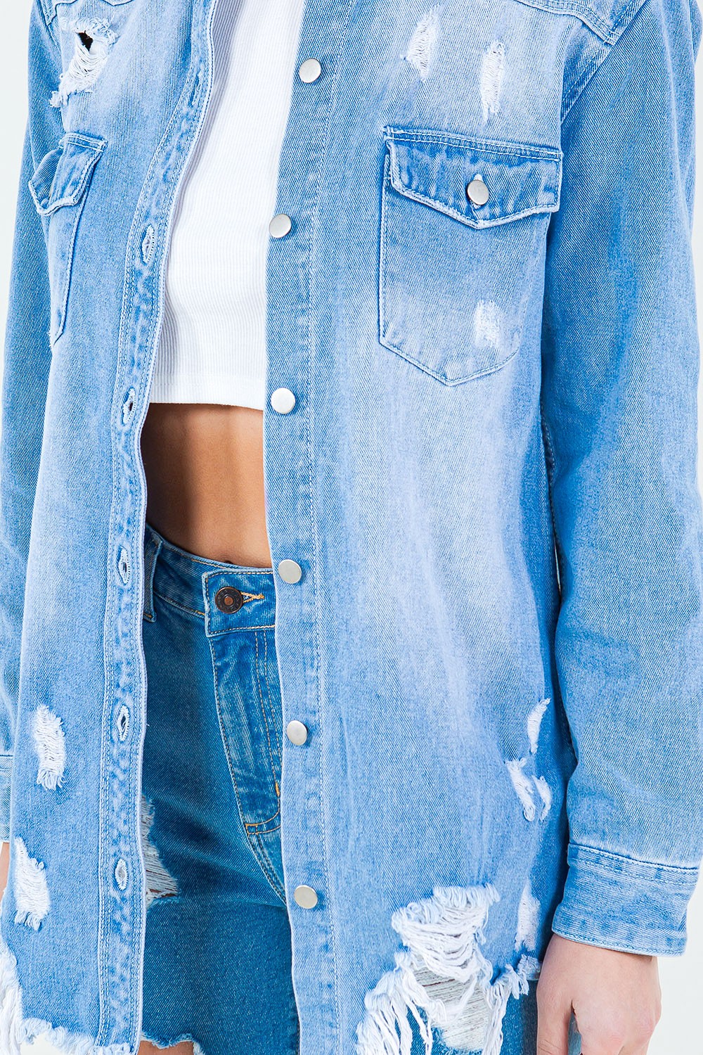 Blue American Bazi Frayed Hem Distressed Denim Shirt Jacket