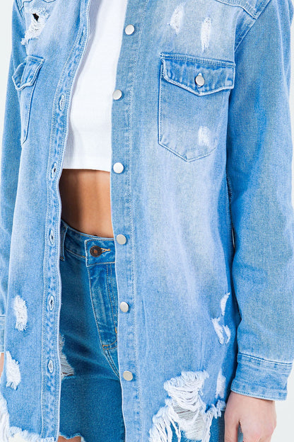 Blue American Bazi Frayed Hem Distressed Denim Shirt Jacket