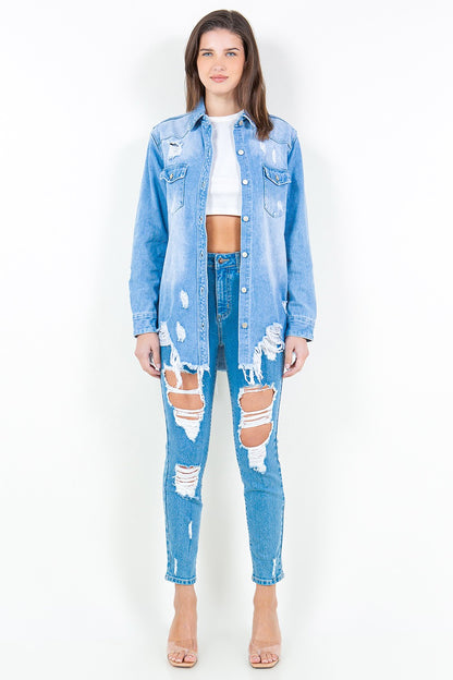Blue American Bazi Frayed Hem Distressed Denim Shirt Jacket