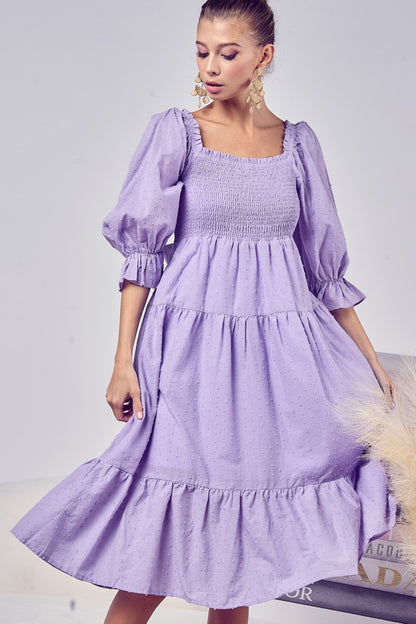 Lavender Swiss Dot Flounce Sleeve Smocked Tiered Midi Dress