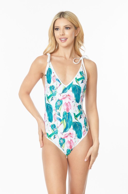 One piece bathing suit floral print shoulder top tie