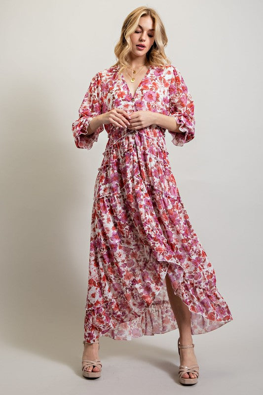 Multi-Pink BOHEMIAN FLORAL HIGH AND LOW MAXI DRESS