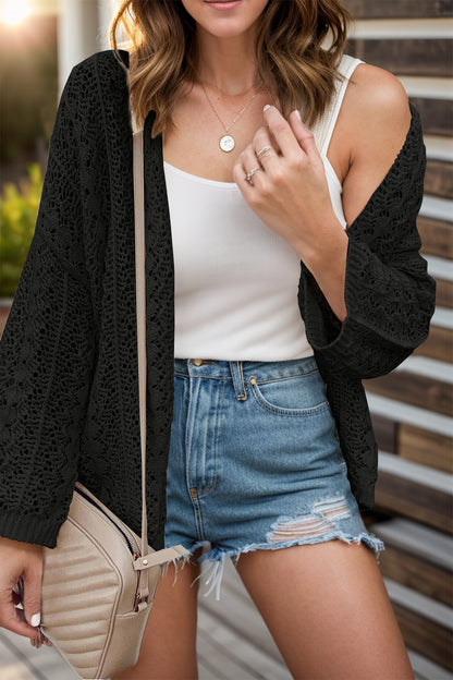 Openwork Open Front Dropped Shoulder Cardigan