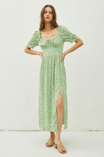 Green Floral Smocked Back Slit Dress