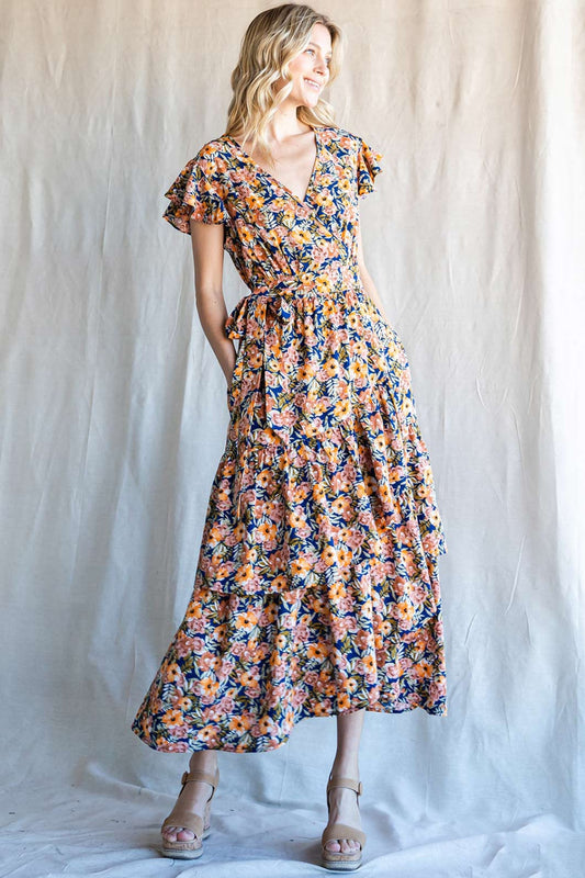 Navy Label Floral Ruffled Midi Dress