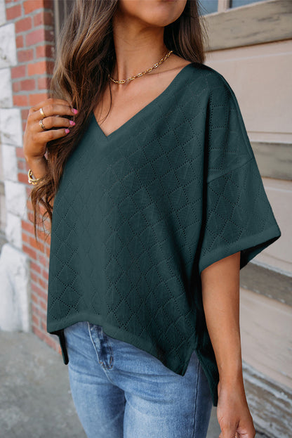 Eyelet V-Neck Dropped Shoulder T-Shirt