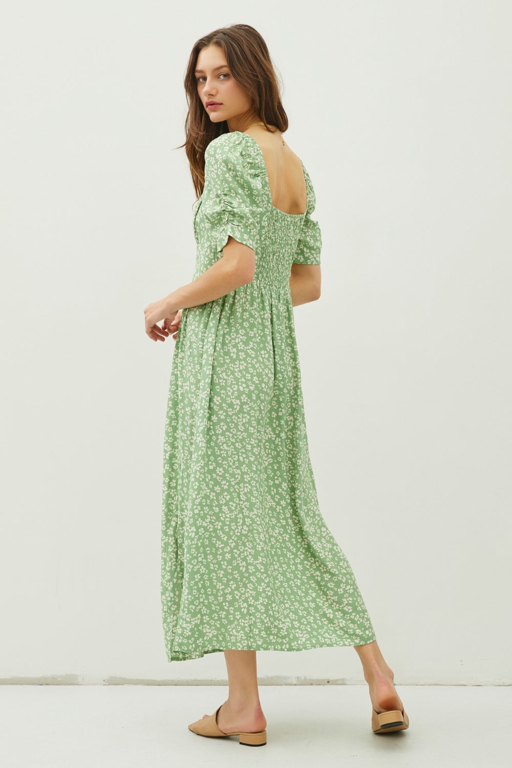 Green Floral Smocked Back Slit Dress