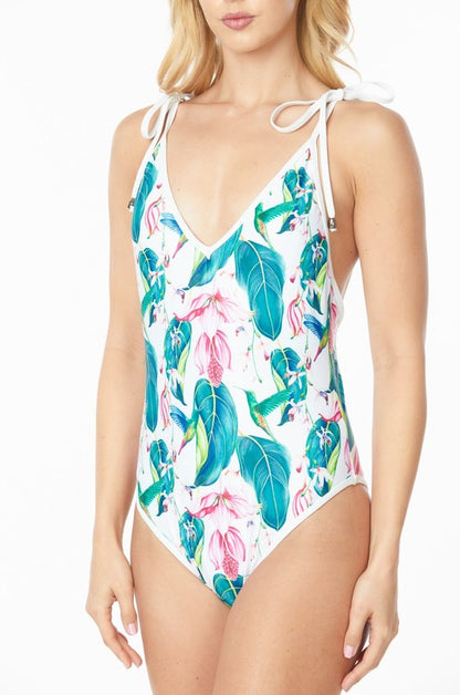 One piece bathing suit floral print shoulder top tie