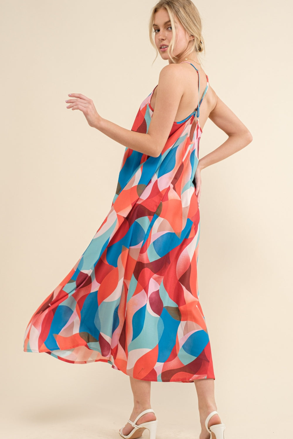 Pink & Blue Printed Crisscross Back Cami Dress